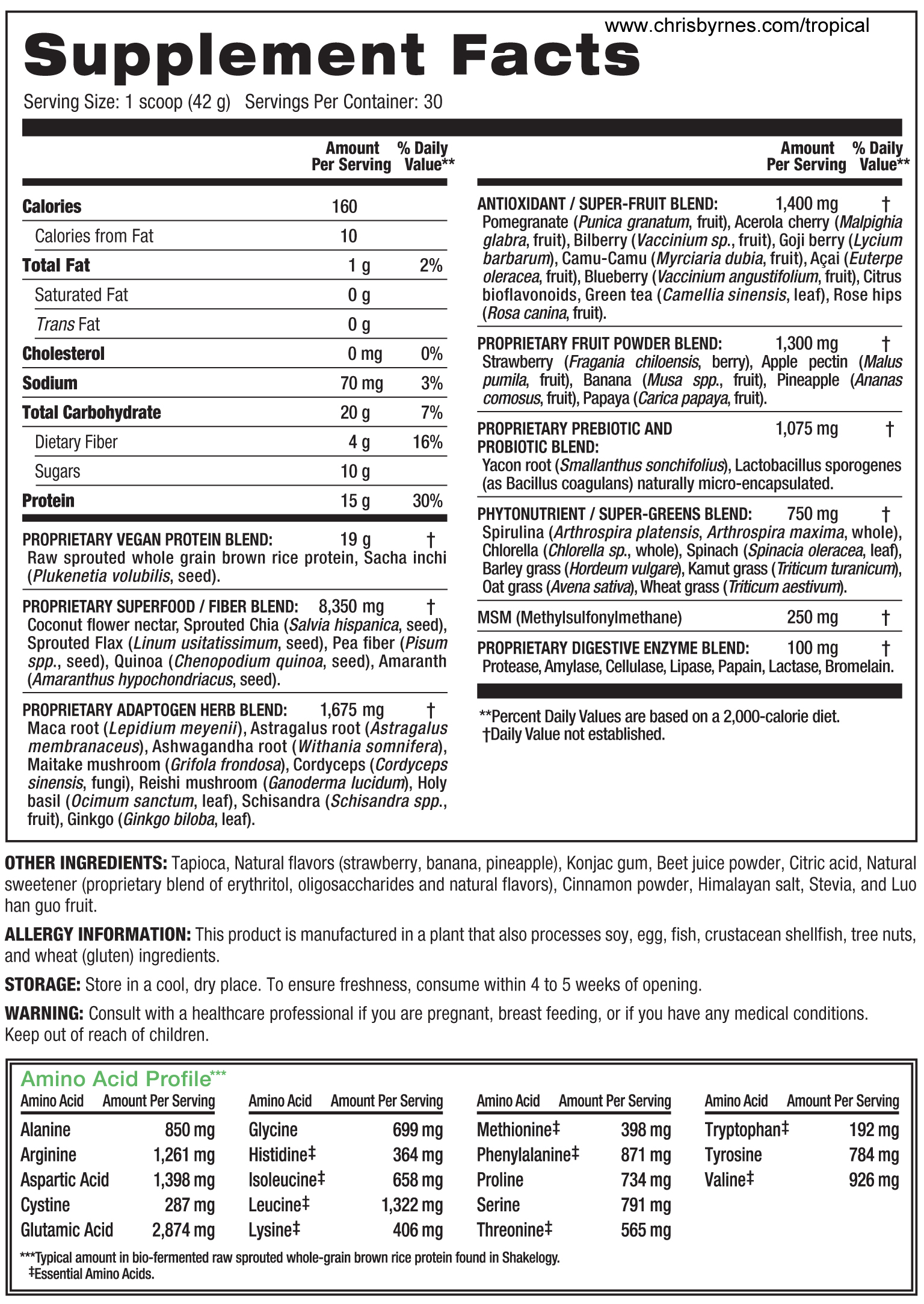 Vegan Tropical Strawberry Shakeology Nutrition Facts Label Chris Byrnes
